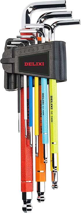 Delixi 445037297253 Color Coded Ball End Hex L-key Set Metric 1.5-10mm 9 Pieces Long Arm A