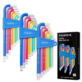 Flq003 Fichfoye 27pcs Allen Key Set Color Coded Hex Metric And Sae Extra Long Ball Star