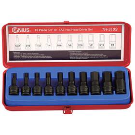 Th-310s Genius Tools 668233862989 10pc 3/8 Inch Dr. Sae Hex Impact Bit Socket Set Cr-mo - Full Size