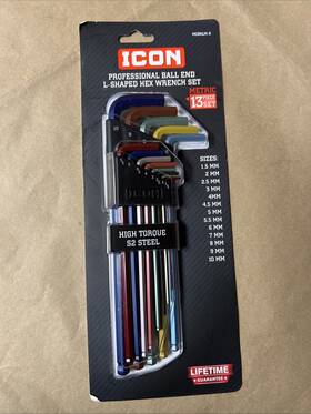 57927 Icon Professional Metric 13pc Color Coded L-shape Ball End Hex Key Set New