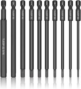 K Kwokker 711181050455 10 X Long 100mm 1/4 Inch Hex Head Allen Wrench Drill Bits 5/16 To 5/64 Sae
