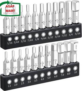 Nauix 445034464474 22 Piece Hex Head Allen Wrench Drill Bit Set 1/4 Inch Shank Metric And Sae