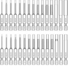 Nauix 750139807222 30 Piece Hex Head Allen Wrench Drill Bit Set 1/4 Inch Small Silver