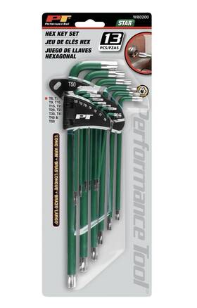 W80200 Performance Tool Pt 13-piece Extra Long Arm Star Key Wrench Set - Green With Chrome Finish