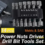 14PCS Power Nut Driver Drill Bit Set Socket Adapter Metric & Sae Us. Fixed Price $6.63.