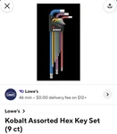Kobalt 9 Piece Hex Key Set Sae #652010 3/8-1/16. Fixed Price $8.00.