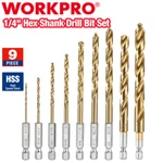 Workpro 9PCS 1/4" Hex Shank Drill Set Spiral Titanium Plating Hss. Fixed Price $14.99.